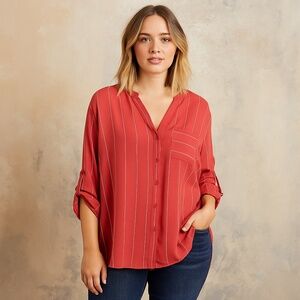 NWT Simply Emma Womens 2XL Rust Striped Roll Tab Sleeve Button Up Tunic Top